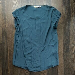 Boden Teal Pleated Front Keyhole Blouse Women Short Sleeve Top Shirt size 6